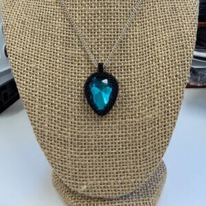 New handmade black basil seed beads aquamarine pear pendant, silver plated chain